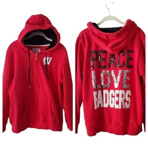 Wisconsin Badger Size XL Red Bling Peace Love Badgers Full Zip Hoodie Sweatshirt